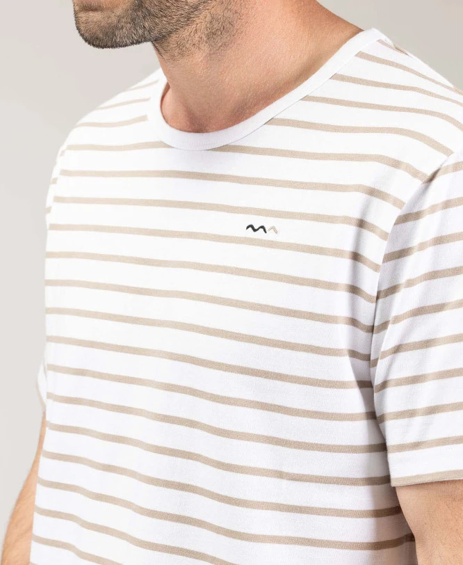 Marinière Homme Manches Courtes Fond Blanc Rayé Beige 5 Marinière Homme Manches Courtes Fond Blanc Rayé Beige – Image 3