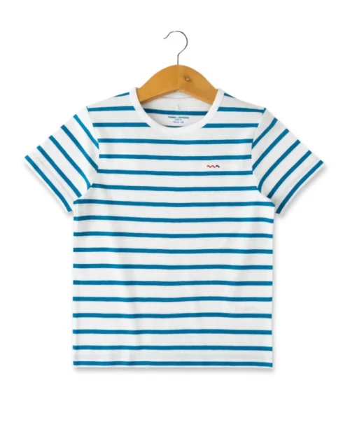 Marinière Garçon Manches Courtes Fond Blanc Rayé Bleu