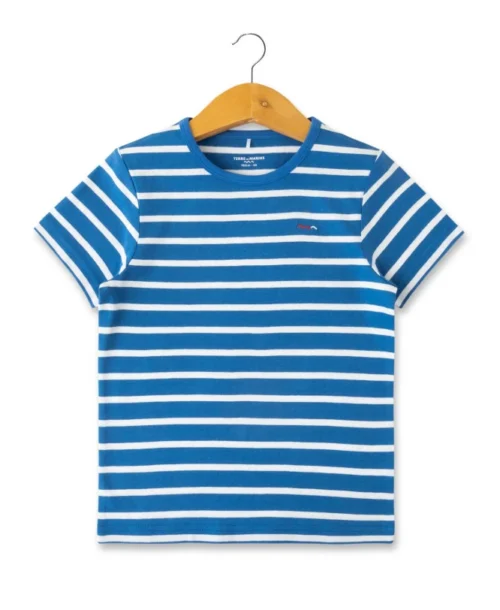 Marinière Garçon Manches Courtes Fond Bleu Rayé Blanc