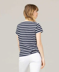 Marinière Femme Revisitée Col V Manches Courtes -Vetements Simples Magasin prod 10032 mariniere mc fond indigo raye blanc maience 666x812 fc7ea0111e0b