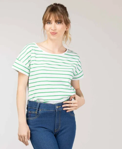 Marinière Manches Courtes Fond Blanc Rayé Vert Femme