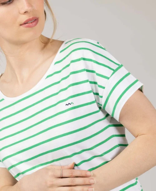 Marinière Manches Courtes Fond Blanc Rayé Vert Femme -Vetements Simples Magasin prod 10036 mariniere mc fond blanc raye vert tasmar 666x812 fc7ea0111e0b