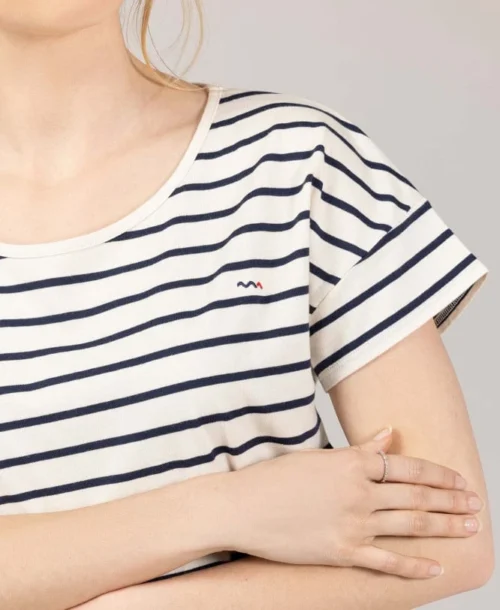 Marinière Manches Courtes Fond Grège Rayé Bleu Marine Femme -Vetements Simples Magasin prod 10039 mariniere mc fond grege raye indigo tasmar 666x812 fc7ea0111e0b
