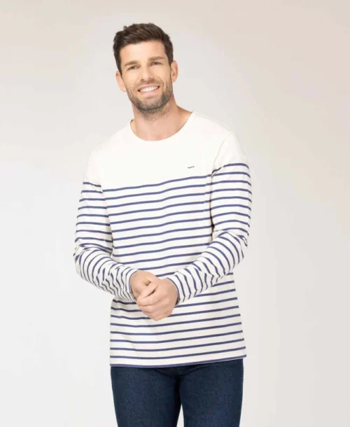 Marinière Homme Fond Grège Rayé Bleu