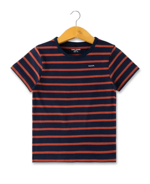 Marinière Manches Courtes Garçon Fond Bleu Marine Rayé Terracota
