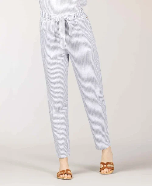 Pantalon 7/8ème Femme Rayé Blanc Et Bleu