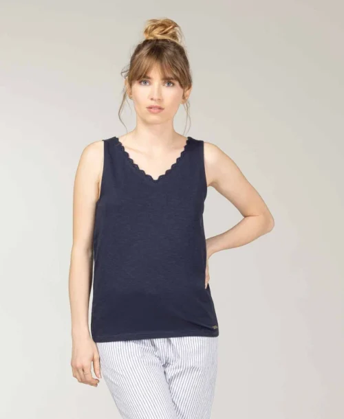 Débardeur Femme Bleu Marine Ajouré Dos Broderie Anglaise