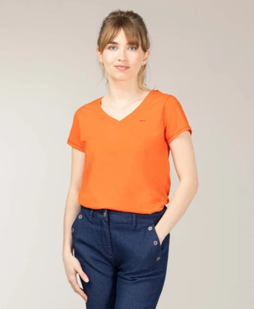 T-shirt Col V Orange Femme
