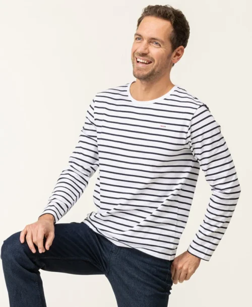 Marinière Homme Manches Longues Fond Blanc Rayé Bleu Marine