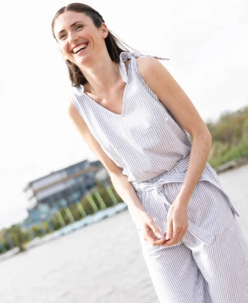Débardeur Femme Bretelles Nouées Rayé Bleu