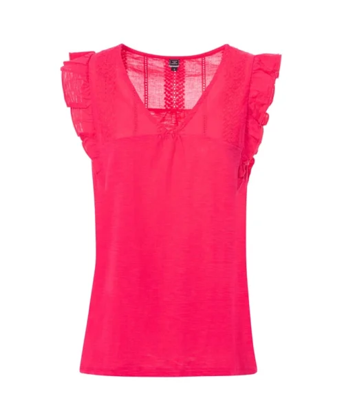 T-shirt Rose Manches Courtes Volantées Femme