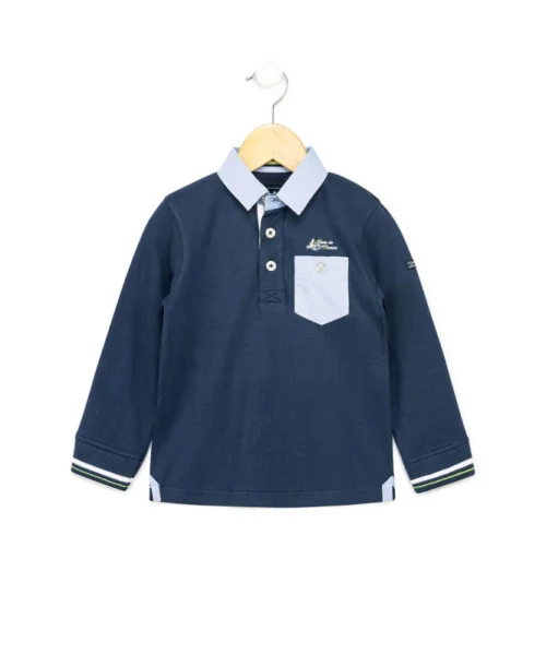 Polo Manches Longues Bleu Marine Garçon Avec Poche Poitrine