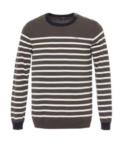 Pull Rayé Kaki Col Rond Homme