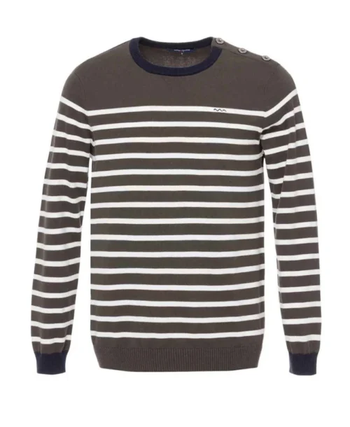 Pull Rayé Kaki Col Rond Homme