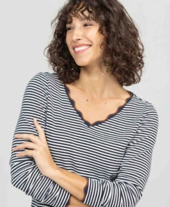 T-shirt Rayé Blanc-indigo Col V Femme