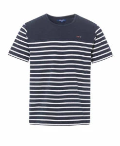 Marinière Manches Courtes Homme Fond Bleu Marine Rayé Blanc