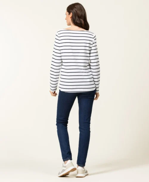 Marinière Femme Fond Blanc Rayé Bleu Marine -Vetements Simples Magasin prod 6665 mariniere ml fond blanc raye indigo pacage 666x812 fc7ea0111e0b