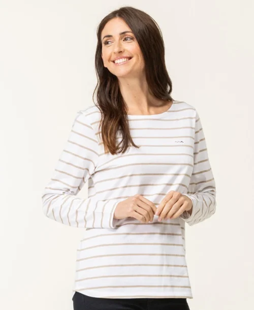 Marinière Manches Longues Femme Fond Blanc Rayé Beige