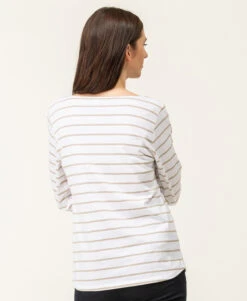 Marinière Manches Longues Femme Fond Blanc Rayé Beige -Vetements Simples Magasin prod 6669 mariniere ml fond blanc raye sable pacage 666x812 fc7ea0111e0b