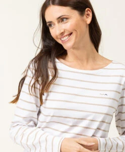 Marinière Manches Longues Femme Fond Blanc Rayé Beige -Vetements Simples Magasin prod 6671 mariniere ml fond blanc raye sable pacage 666x812 fc7ea0111e0b