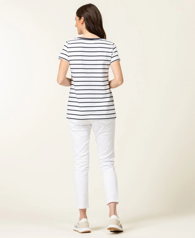 Marinière Manches Courtes Femme Fond Blanc Rayé Bleu Marine 7 Marinière Manches Courtes Femme Fond Blanc Rayé Bleu Marine – Image 5