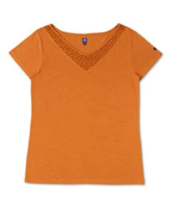 T-shirt Femme Jaune Ambré Col V Broderie