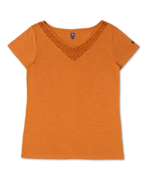 T-shirt Femme Jaune Ambré Col V Broderie