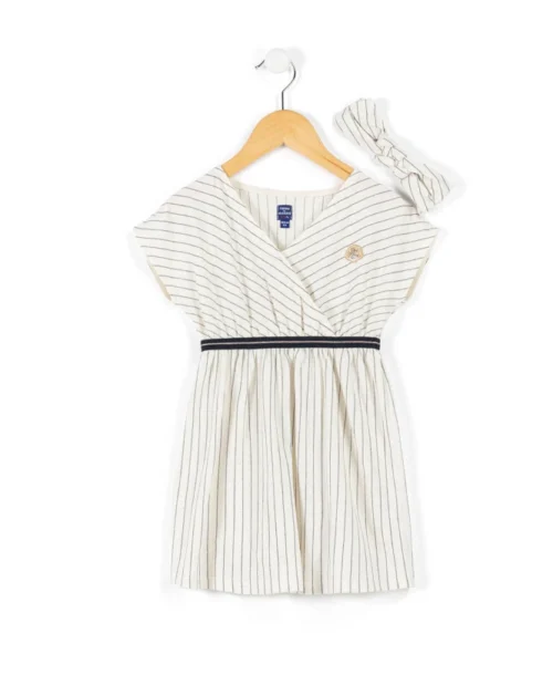 Ensemble Fille Robe Rayée Bleu Marine Fond Grège + Bandeau