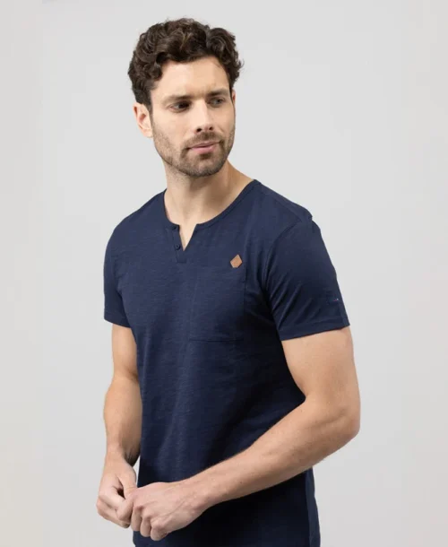 T-shirt Col Tunisien Bleu Marine Homme