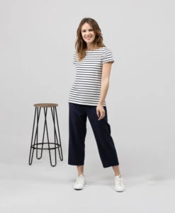 Pantacourt En Lin Bleu Marine Femme