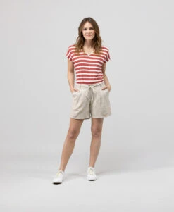 T-shirt Rayé Col V Rouge Femme