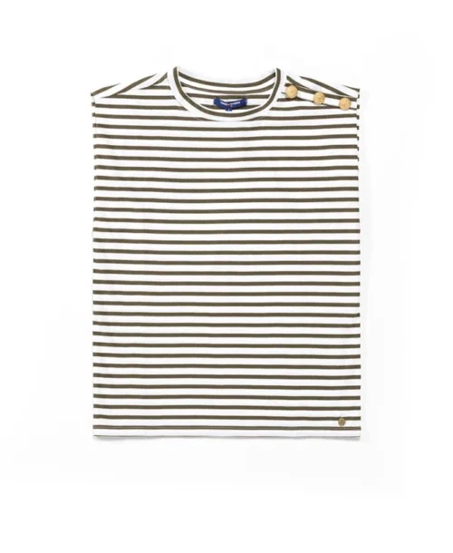 Débardeur Femme Rayé Kaki Avec Boutons Dorés -Vetements Simples Magasin prod 7893 tee shirt mc fond grege raye kaki taura 666x812 fc7ea0111e0b