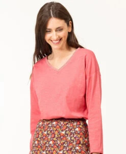 T-shirt Rose Manches Longues Col V Femme