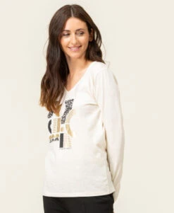 T-shirt Manches Longues Col V Imprimé Doré