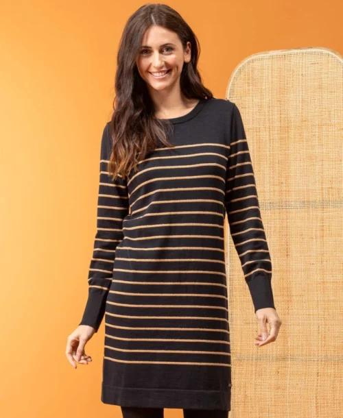 Robe Pull Femme Rayé Noir/camel