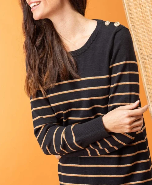 Robe Pull Femme Rayé Noir/camel -Vetements Simples Magasin prod 8042 robe ml fond noir raye camel roche 666x812 fc7ea0111e0b