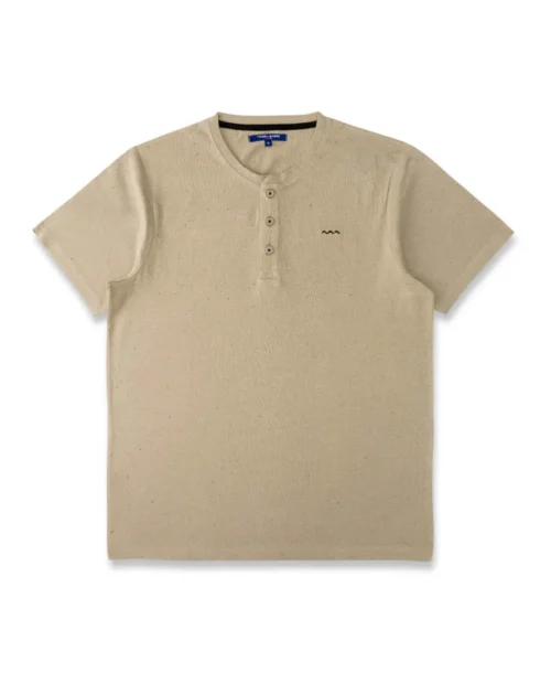 T-shirt Homme Manches Courtes Beige Sable Col Tunisien