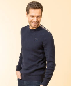 Pull Col Rond Bleu Marine Homme