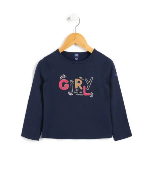T-shirt Manches Longues Bleu Marine Avec Broderie Fille