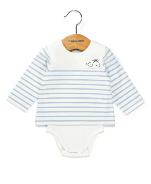 Body Marinière Bébé Fond Blanc Rayé Bleu Ciel