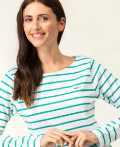 Marinière Manches Longues Femme Fond Blanc Rayé Vert -Vetements Simples Magasin prod 8537 mariniere ml fond naturel raye vert pacage 666x812 fc7ea0111e0b