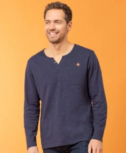 T-shirt Homme Bleu Marine Manches Longues col Tunisien