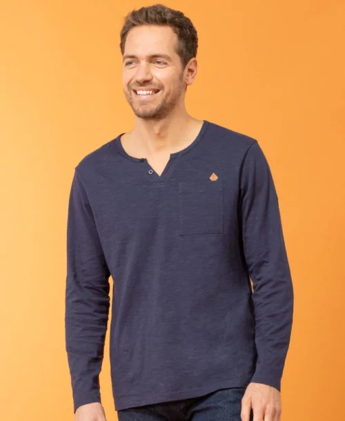 T-shirt Homme Bleu Marine Manches Longues col Tunisien