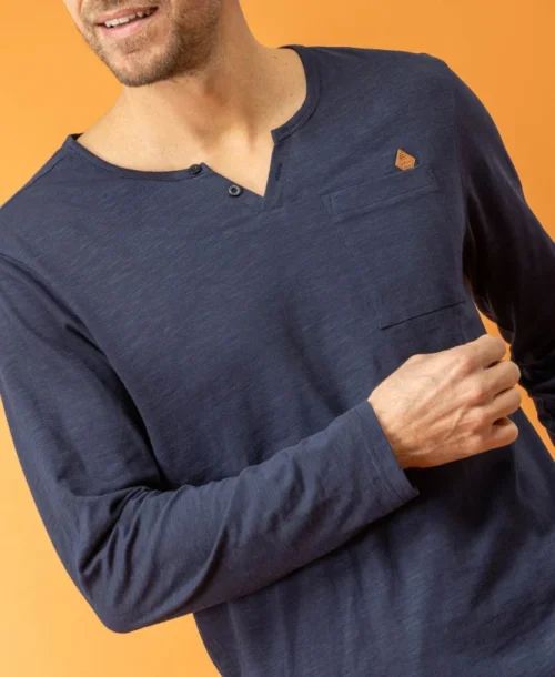 T-shirt Homme Bleu Marine Manches Longues col Tunisien -Vetements Simples Magasin prod 8782 tee shirt ml indigo tatori 666x812 fc7ea0111e0b