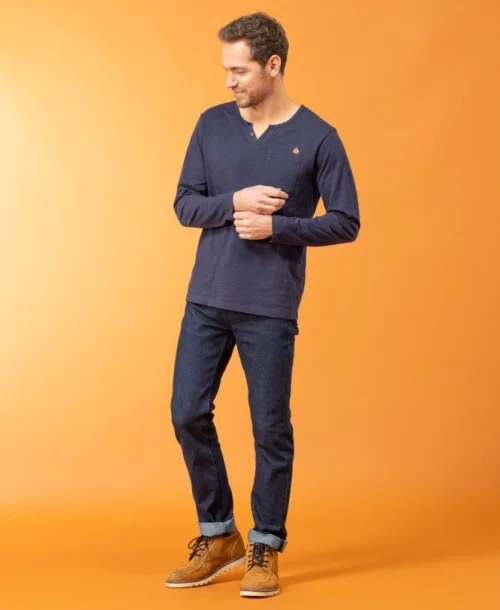 T-shirt Homme Bleu Marine Manches Longues col Tunisien -Vetements Simples Magasin prod 8783 tee shirt ml indigo tatori 666x812 fc7ea0111e0b