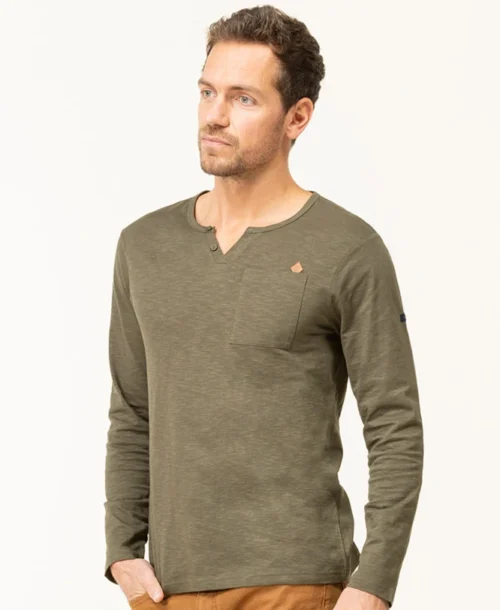 T-shirt Homme Kaki Manches Longues col Tunisien