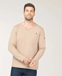 T-shirt Homme Beige Manches Longues col Tunisien