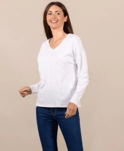 T-shirt Manches Longues Blanc Cassé Col V Femme