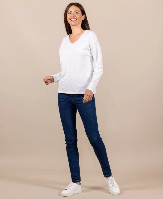 T-shirt Manches Longues Blanc Cassé Col V Femme 6 T-shirt Manches Longues Blanc Cassé Col V Femme – Image 4