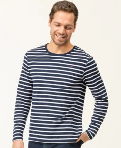 Marinière Homme Manches Longues Fond Bleu Marine Rayé Blanc